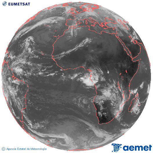 Imaxe global da canle infravermella (10.8 &mu;m) do sat�lite  Meteosat, pertencente � serie MSX (Meteosat Segunda Xeraci�n) e situado en 0�N 0�E.&nbsp;m�rcores, 14 xaneiro  2026 10:00