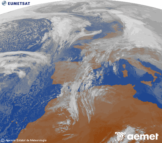 Imatge de la zona d'Europa i Nord d'�frica del canal infraroig del sat�l�lit Meteosat operacional en 0�N 0�W, processada per a donar-li color.&nbsp;dimecres, 14 de gener  2026 11:00