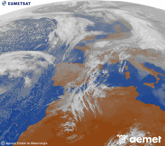 Imatge de la zona d'Europa i Nord d'�frica del canal infraroig del sat�l�lit Meteosat operacional en 0�N 0�W, processada per a donar-li color.&nbsp;dimecres, 14 de gener  2026 13:00