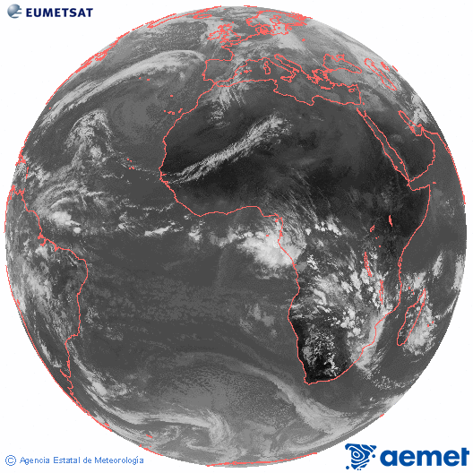 Imaxe global da canle infravermella (10.8 &mu;m) do sat�lite  Meteosat, pertencente � serie MSX (Meteosat Segunda Xeraci�n) e situado en 0�N 0�E.&nbsp;m�rcores, 14 xaneiro  2026 13:00