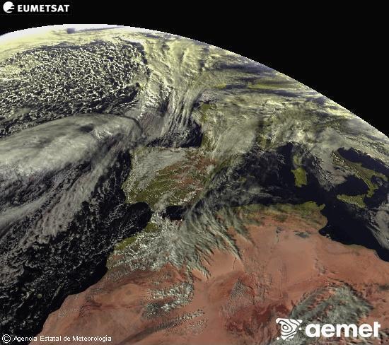 Esta imagen se genera utilizando informaci�n de los canales visibles del sat�lite METEOSAT perteneciente a la segunda generaci�n de sat�lites Meteosat (MSG). Por ese motivo, s�lo hay informaci�n en la zona iluminada por el sol. Adem�s, los canales han sido normalizados para que el brillo no dependa de la posici�n del sol.&nbsp;dimecres, 14 de gener  2026 16:00