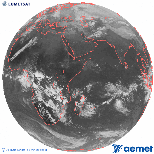 Oc�ano �ndico. Imagen global del canal infrarrojo (10.8&mu;m) de Meteosat, perteneciente a la serie MSG (Meteosat Segunda Generaci�n) y situado en 41.5° E.&nbsp;dimecres, 14 de gener  2026 16:00