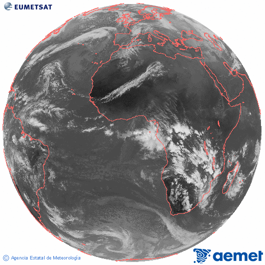 Imaxe global da canle infravermella (10.8 &mu;m) do sat�lite  Meteosat, pertencente � serie MSX (Meteosat Segunda Xeraci�n) e situado en 0�N 0�E.&nbsp;m�rcores, 14 xaneiro  2026 16:00