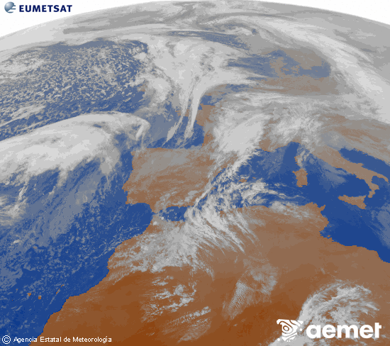 Imagen de la zona de Europa y Norte de �frica del canal infrarrojo del sat�lite Meteosat operacional en 0�N 0�W, procesada para darle color.&nbsp;asteazkena, 2026ko urtarrilak 14, ordua: 17:00