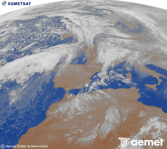 Imagen de la zona de Europa y Norte de �frica del canal infrarrojo del sat�lite Meteosat operacional en 0�N 0�W, procesada para darle color.&nbsp;dimecres, 14 de gener  2026 21:00