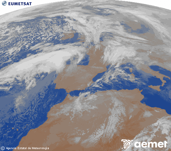 Imagen de la zona de Europa y Norte de �frica del canal infrarrojo del sat�lite Meteosat operacional en 0�N 0�W, procesada para darle color.&nbsp;dimecres, 14 de gener  2026 23:00