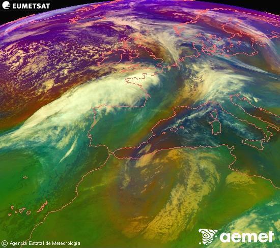 RGB-a Meteosat eragiketa-sateliteko hainbat kanal 0�W-a 0�N-ean, aire-masen eta hodeitzaren ezaugarrien erakusgarri izango dena.&nbsp;osteguna, 2026ko urtarrilak 15, ordua: 04:00