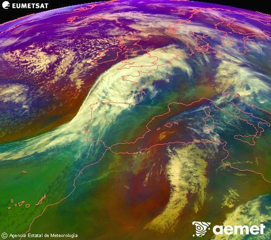 RGB-a Meteosat eragiketa-sateliteko hainbat kanal 0�W-a 0�N-ean, aire-masen eta hodeitzaren ezaugarrien erakusgarri izango dena.&nbsp;osteguna, 2026ko urtarrilak 15, ordua: 11:00