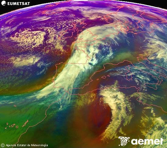 RGB-a Meteosat eragiketa-sateliteko hainbat kanal 0�W-a 0�N-ean, aire-masen eta hodeitzaren ezaugarrien erakusgarri izango dena.&nbsp;osteguna, 2026ko urtarrilak 15, ordua: 16:00