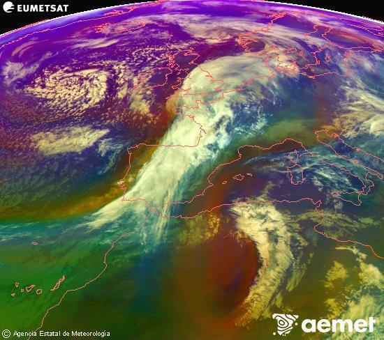 RGB-a Meteosat eragiketa-sateliteko hainbat kanal 0�W-a 0�N-ean, aire-masen eta hodeitzaren ezaugarrien erakusgarri izango dena.&nbsp;osteguna, 2026ko urtarrilak 15, ordua: 17:00