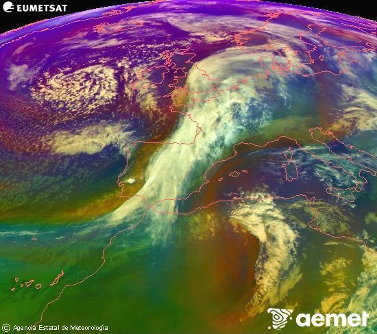 RGB-a Meteosat eragiketa-sateliteko hainbat kanal 0�W-a 0�N-ean, aire-masen eta hodeitzaren ezaugarrien erakusgarri izango dena.&nbsp;osteguna, 2026ko urtarrilak 15, ordua: 19:00