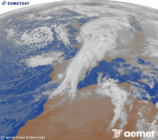 Imagen de la zona de Europa y Norte de �frica del canal infrarrojo del sat�lite Meteosat operacional en 0�N 0�W, procesada para darle color.&nbsp;dijous, 15 de gener  2026 21:00