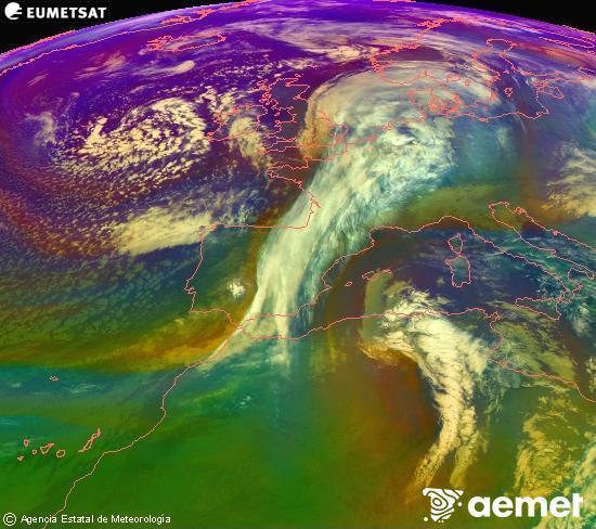 RGB-a Meteosat eragiketa-sateliteko hainbat kanal 0�W-a 0�N-ean, aire-masen eta hodeitzaren ezaugarrien erakusgarri izango dena.&nbsp;osteguna, 2026ko urtarrilak 15, ordua: 22:00