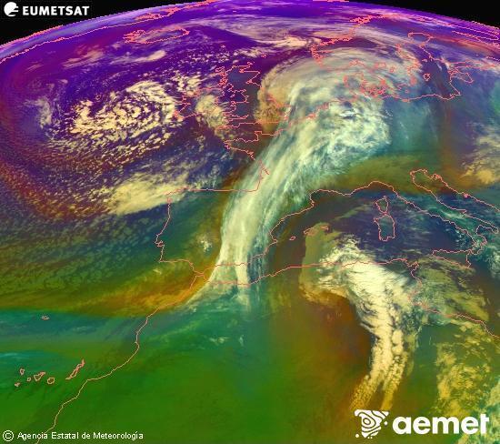 RGB-a Meteosat eragiketa-sateliteko hainbat kanal 0�W-a 0�N-ean, aire-masen eta hodeitzaren ezaugarrien erakusgarri izango dena.&nbsp;osteguna, 2026ko urtarrilak 15, ordua: 23:00