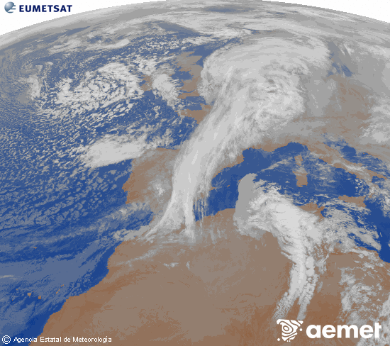 Imagen de la zona de Europa y Norte de �frica del canal infrarrojo del sat�lite Meteosat operacional en 0�N 0�W, procesada para darle color.&nbsp;jeudi, 15 janvier  2026 23:00