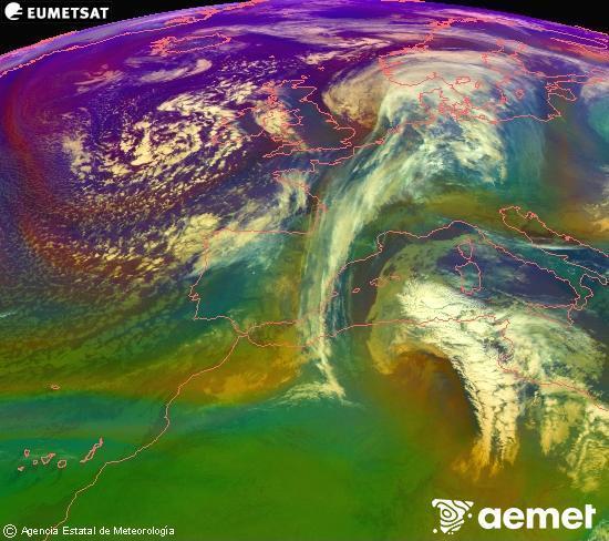 Composition RGB dans laquelle se m�langent diff�rents canaux du satellite Meteosat operational in 0�N 0�W, l'informaci�n des caract�ristiques sur les masses d'air et les nuages.&nbsp;vendredi, 16 janvier  2026 03:00