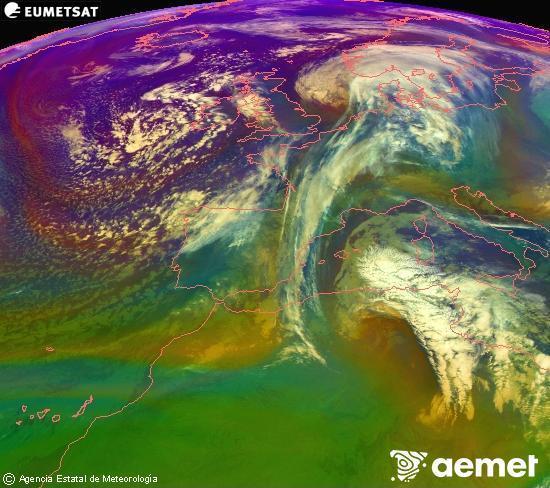 Composition RGB dans laquelle se m�langent diff�rents canaux du satellite Meteosat operational in 0�N 0�W, l'informaci�n des caract�ristiques sur les masses d'air et les nuages.&nbsp;vendredi, 16 janvier  2026 04:00