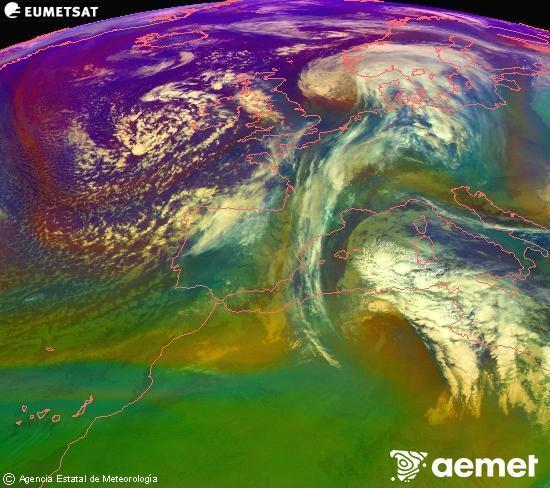 Composition RGB dans laquelle se m�langent diff�rents canaux du satellite Meteosat operational in 0�N 0�W, l'informaci�n des caract�ristiques sur les masses d'air et les nuages.&nbsp;vendredi, 16 janvier  2026 05:00