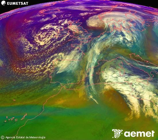 Composition RGB dans laquelle se m�langent diff�rents canaux du satellite Meteosat operational in 0�N 0�W, l'informaci�n des caract�ristiques sur les masses d'air et les nuages.&nbsp;vendredi, 16 janvier  2026 06:00