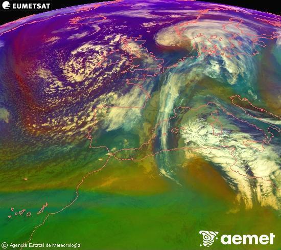 Composition RGB dans laquelle se m�langent diff�rents canaux du satellite Meteosat operational in 0�N 0�W, l'informaci�n des caract�ristiques sur les masses d'air et les nuages.&nbsp;vendredi, 16 janvier  2026 07:00