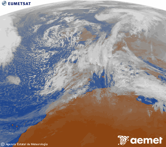 Imagen de la zona de Europa y Norte de �frica del canal infrarrojo del sat�lite Meteosat operacional en 0�N 0�W, procesada para darle color.&nbsp;vendredi, 16 janvier  2026 15:00
