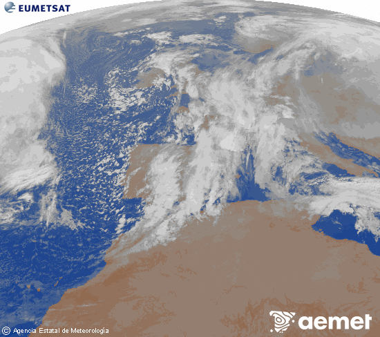 Imagen de la zona de Europa y Norte de �frica del canal infrarrojo del sat�lite Meteosat operacional en 0�N 0�W, procesada para darle color.&nbsp;Friday, 16 January  2026 23:00