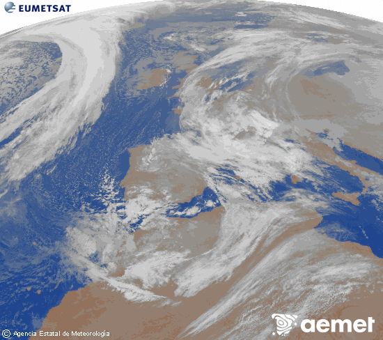 Imatge de la zona d'Europa i Nord d'�frica del canal infraroig del sat�l�lit Meteosat operacional en 0�N 0�W, processada per a donar-li color.&nbsp;diumenge, 18 de gener  2026 02:00