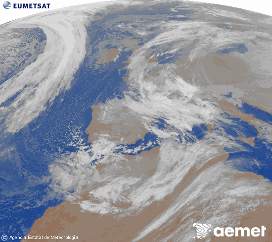 Imatge de la zona d'Europa i Nord d'�frica del canal infraroig del sat�l�lit Meteosat operacional en 0�N 0�W, processada per a donar-li color.&nbsp;diumenge, 18 de gener  2026 03:00