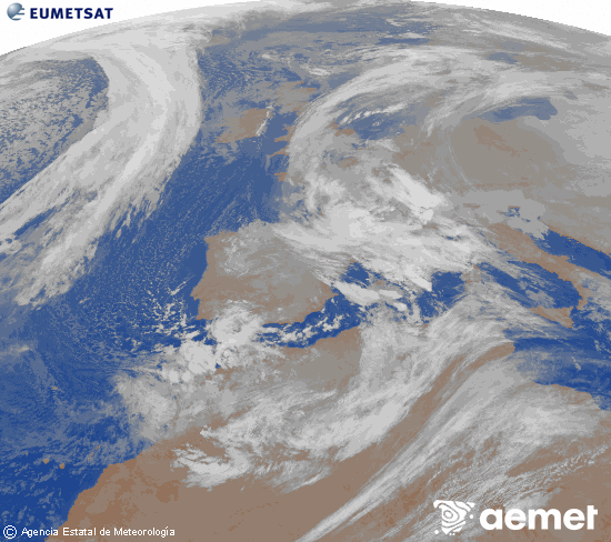 Imatge de la zona d'Europa i Nord d'�frica del canal infraroig del sat�l�lit Meteosat operacional en 0�N 0�W, processada per a donar-li color.&nbsp;diumenge, 18 de gener  2026 04:00