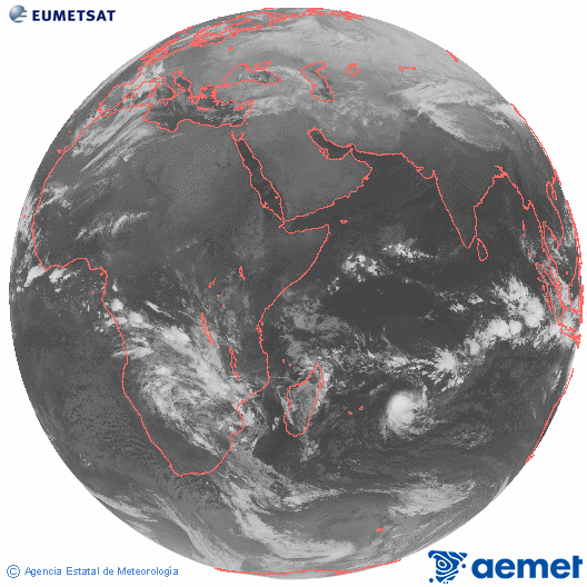 Oc�ano �ndico. Imaxe global da canle infravermella (10.8&mu;m) de Meteosat, pertencente � serie MSX (Meteosat Segunda Xeraci�n) e situado en 41.5°E.&nbsp;domingo, 18 xaneiro  2026 04:00