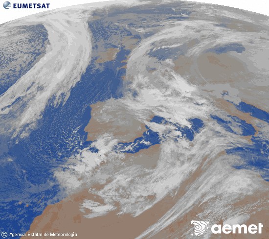 Imatge de la zona d'Europa i Nord d'�frica del canal infraroig del sat�l�lit Meteosat operacional en 0�N 0�W, processada per a donar-li color.&nbsp;diumenge, 18 de gener  2026 05:00