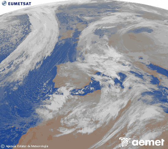 Imatge de la zona d'Europa i Nord d'�frica del canal infraroig del sat�l�lit Meteosat operacional en 0�N 0�W, processada per a donar-li color.&nbsp;diumenge, 18 de gener  2026 06:00