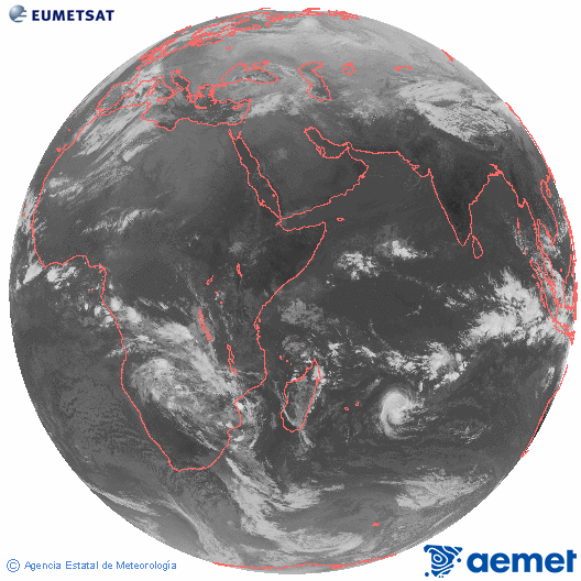 Oc�ano �ndico. Imaxe global da canle infravermella (10.8&mu;m) de Meteosat, pertencente � serie MSX (Meteosat Segunda Xeraci�n) e situado en 41.5°E.&nbsp;domingo, 18 xaneiro  2026 07:00