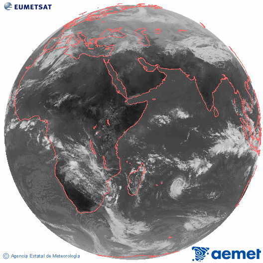 Oc�ano �ndico. Imaxe global da canle infravermella (10.8&mu;m) de Meteosat, pertencente � serie MSX (Meteosat Segunda Xeraci�n) e situado en 41.5°E.&nbsp;domingo, 18 xaneiro  2026 10:00
