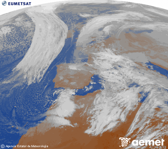 Imatge de la zona d'Europa i Nord d'�frica del canal infraroig del sat�l�lit Meteosat operacional en 0�N 0�W, processada per a donar-li color.&nbsp;diumenge, 18 de gener  2026 11:00