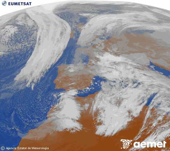 Imatge de la zona d'Europa i Nord d'�frica del canal infraroig del sat�l�lit Meteosat operacional en 0�N 0�W, processada per a donar-li color.&nbsp;diumenge, 18 de gener  2026 13:00