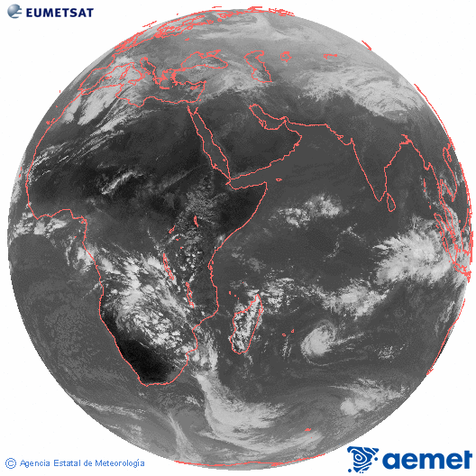 Oc�ano �ndico. Imaxe global da canle infravermella (10.8&mu;m) de Meteosat, pertencente � serie MSX (Meteosat Segunda Xeraci�n) e situado en 41.5°E.&nbsp;domingo, 18 xaneiro  2026 13:00