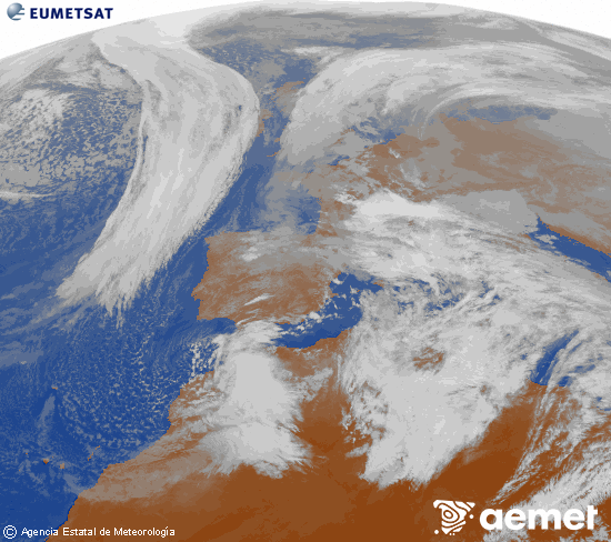 Imatge de la zona d'Europa i Nord d'�frica del canal infraroig del sat�l�lit Meteosat operacional en 0�N 0�W, processada per a donar-li color.&nbsp;diumenge, 18 de gener  2026 14:00