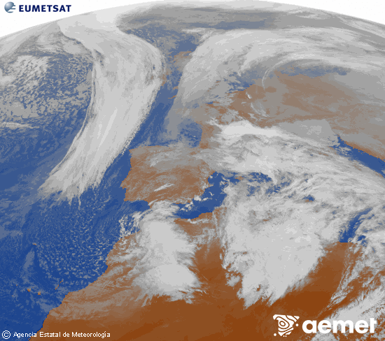 Imatge de la zona d'Europa i Nord d'�frica del canal infraroig del sat�l�lit Meteosat operacional en 0�N 0�W, processada per a donar-li color.&nbsp;diumenge, 18 de gener  2026 15:00