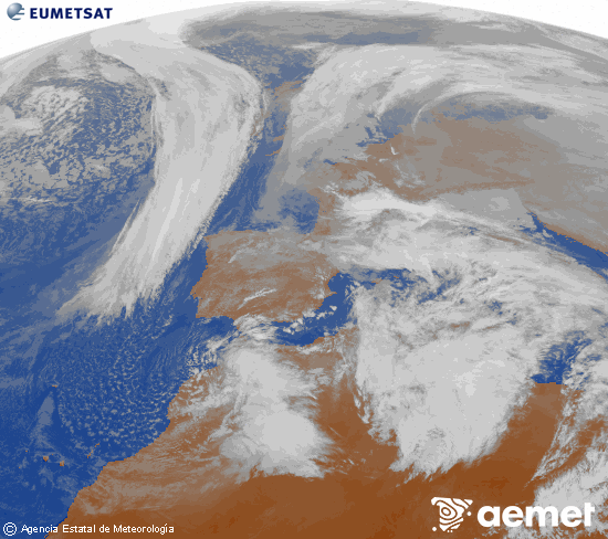 Imatge de la zona d'Europa i Nord d'�frica del canal infraroig del sat�l�lit Meteosat operacional en 0�N 0�W, processada per a donar-li color.&nbsp;diumenge, 18 de gener  2026 16:00
