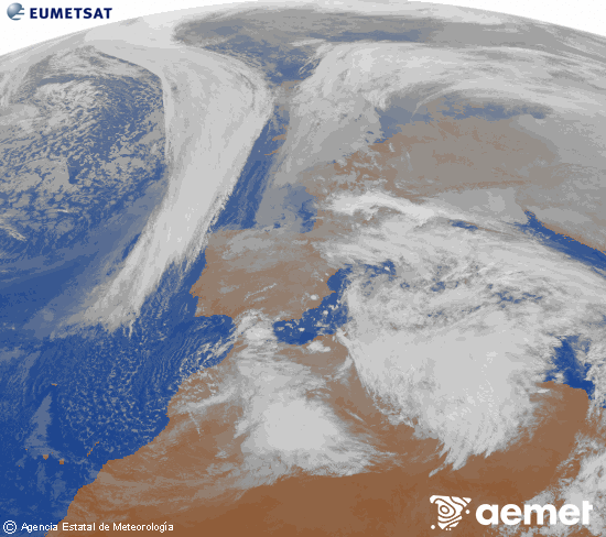 Imatge de la zona d'Europa i Nord d'�frica del canal infraroig del sat�l�lit Meteosat operacional en 0�N 0�W, processada per a donar-li color.&nbsp;diumenge, 18 de gener  2026 18:00