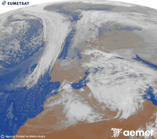 Imatge de la zona d'Europa i Nord d'�frica del canal infraroig del sat�l�lit Meteosat operacional en 0�N 0�W, processada per a donar-li color.&nbsp;diumenge, 18 de gener  2026 19:00