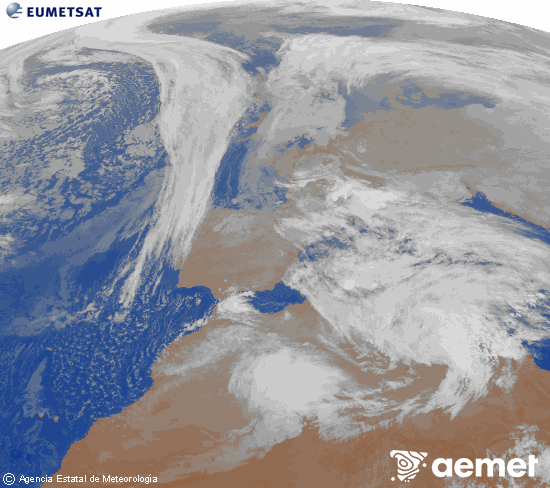 Imatge de la zona d'Europa i Nord d'�frica del canal infraroig del sat�l�lit Meteosat operacional en 0�N 0�W, processada per a donar-li color.&nbsp;diumenge, 18 de gener  2026 21:00