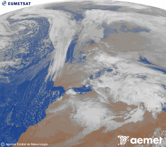 Imatge de la zona d'Europa i Nord d'�frica del canal infraroig del sat�l�lit Meteosat operacional en 0�N 0�W, processada per a donar-li color.&nbsp;diumenge, 18 de gener  2026 23:00