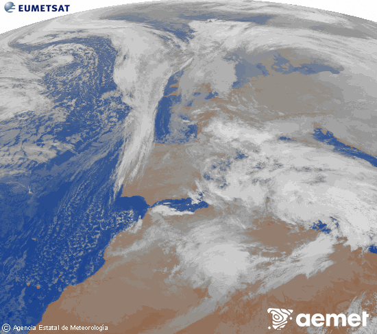 Imagen de la zona de Europa y Norte de �frica del canal infrarrojo del sat�lite Meteosat operacional en 0�N 0�W, procesada para darle color.&nbsp;lundi, 19 janvier  2026 01:00