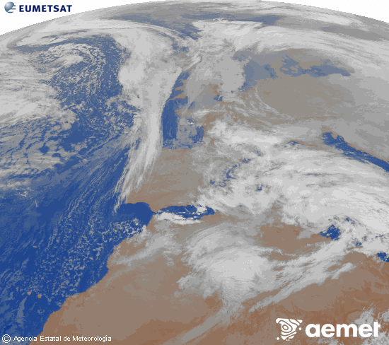 Imagen de la zona de Europa y Norte de �frica del canal infrarrojo del sat�lite Meteosat operacional en 0�N 0�W, procesada para darle color.&nbsp;lundi, 19 janvier  2026 02:00
