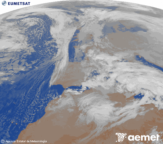 Imagen de la zona de Europa y Norte de �frica del canal infrarrojo del sat�lite Meteosat operacional en 0�N 0�W, procesada para darle color.&nbsp;lundi, 19 janvier  2026 03:00