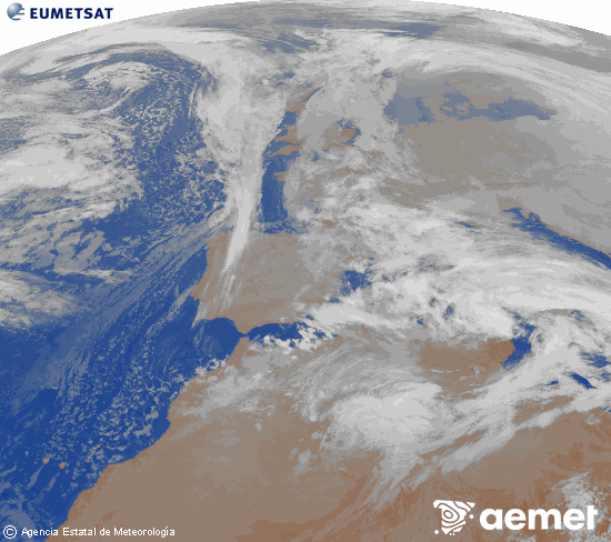 Imagen de la zona de Europa y Norte de �frica del canal infrarrojo del sat�lite Meteosat operacional en 0�N 0�W, procesada para darle color.&nbsp;lunes, 19 enero 2026 a las 05:00