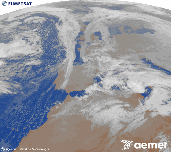 Imagen de la zona de Europa y Norte de �frica del canal infrarrojo del sat�lite Meteosat operacional en 0�N 0�W, procesada para darle color.&nbsp;lunes, 19 enero 2026 a las 07:00