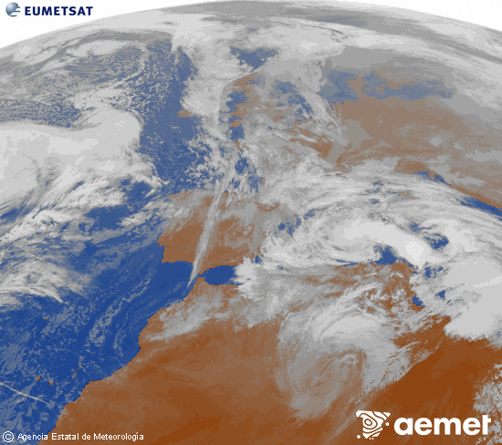 Imagen de la zona de Europa y Norte de �frica del canal infrarrojo del sat�lite Meteosat operacional en 0�N 0�W, procesada para darle color.&nbsp;lunes, 19 enero 2026 a las 13:00